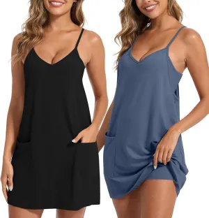 2 Pack Women's Summer Sleeveless Mini Dresses Spaghetti Straps Athletic Tennis Romper Dresses Workout Short Outfits