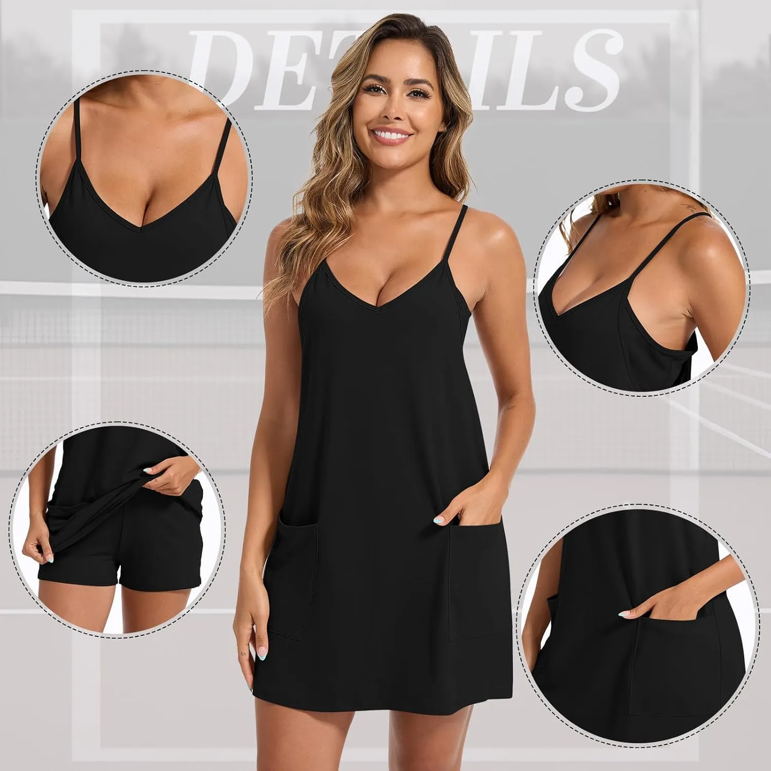 2 Pack Women's Summer Sleeveless Mini Dresses Spaghetti Straps Athletic Tennis Romper Dresses Workout Short Outfits