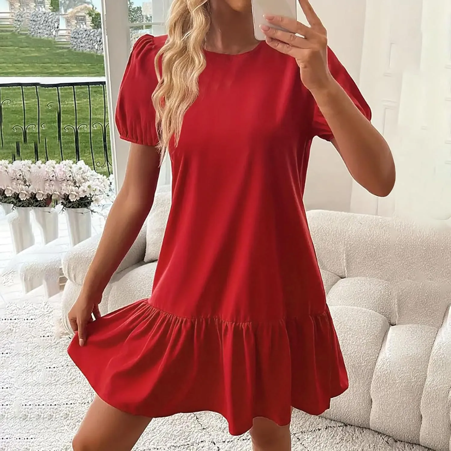 2025 Dress for Women Summer Short Puff Sleeve Casual Mini Dresses Elegant Round Neck Ruffle Hem A-Line Sundress