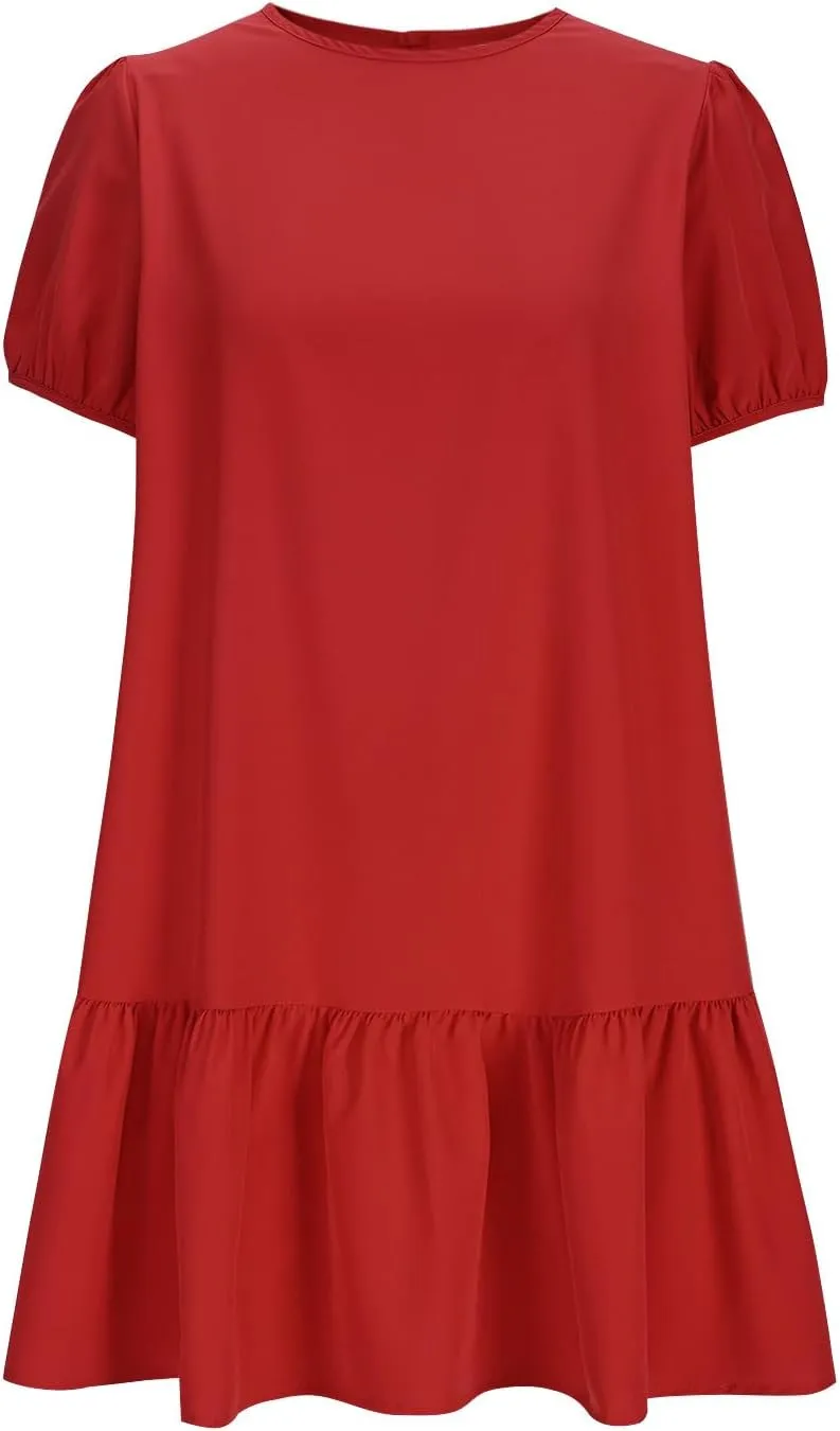 2025 Dress for Women Summer Short Puff Sleeve Casual Mini Dresses Elegant Round Neck Ruffle Hem A-Line Sundress