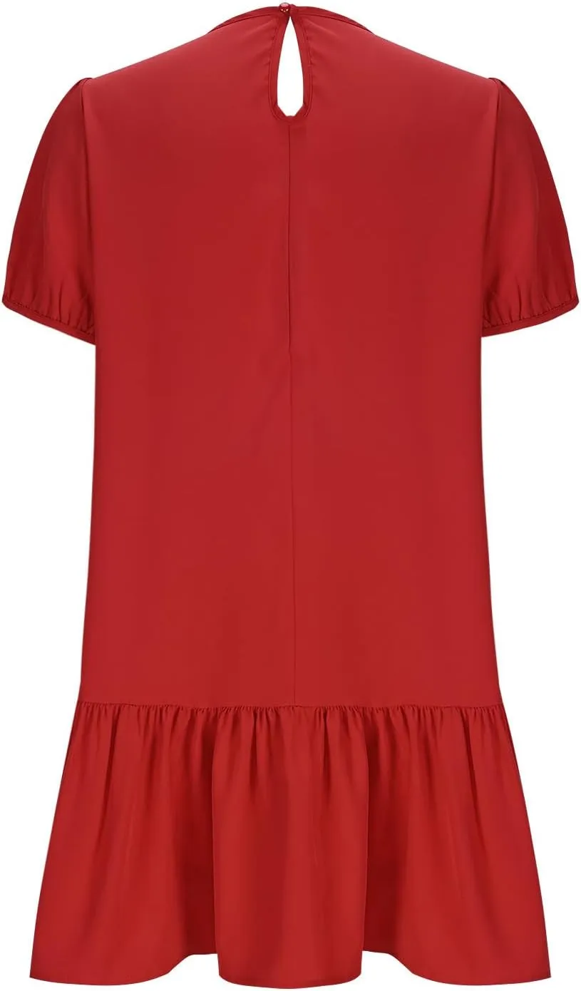 2025 Dress for Women Summer Short Puff Sleeve Casual Mini Dresses Elegant Round Neck Ruffle Hem A-Line Sundress