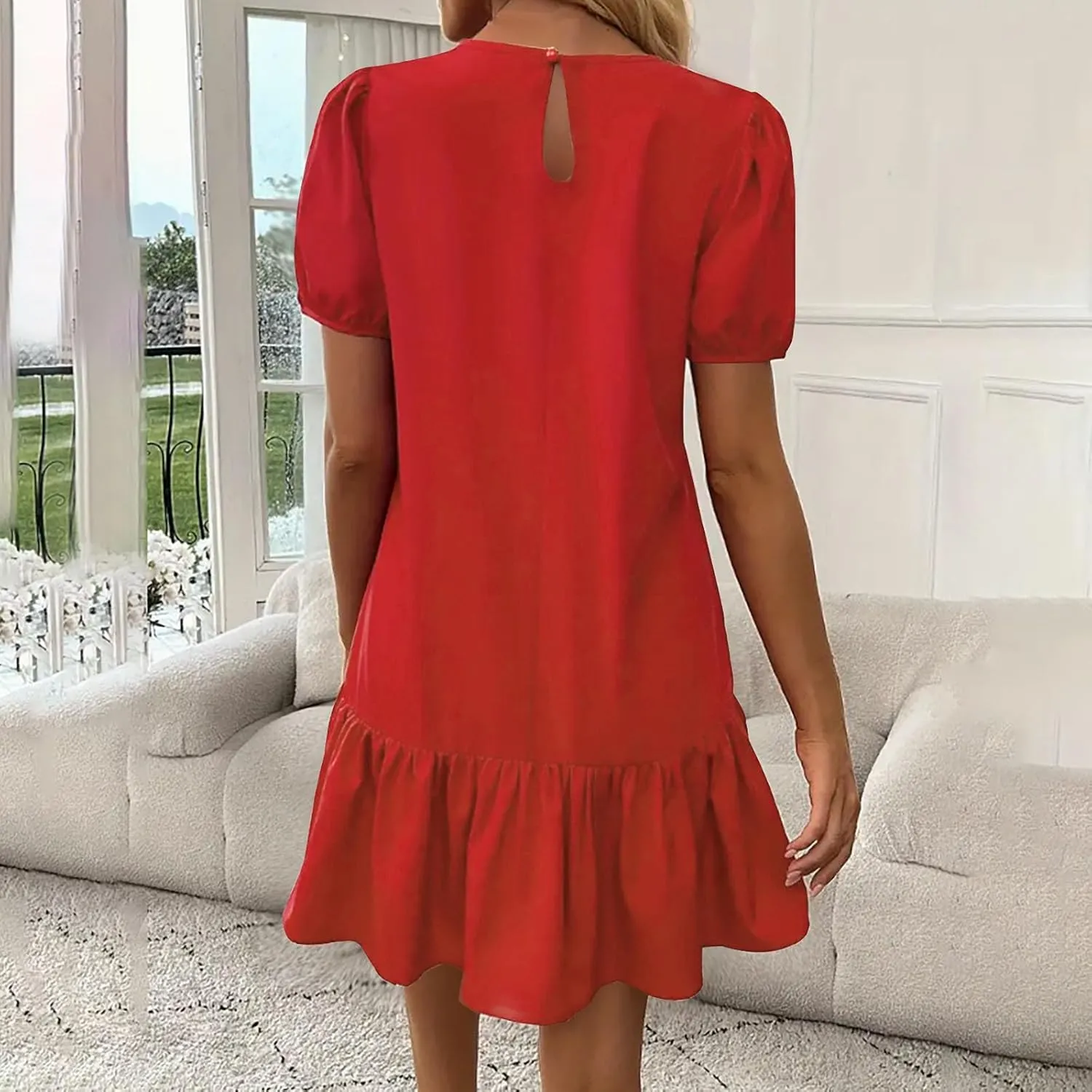 2025 Dress for Women Summer Short Puff Sleeve Casual Mini Dresses Elegant Round Neck Ruffle Hem A-Line Sundress