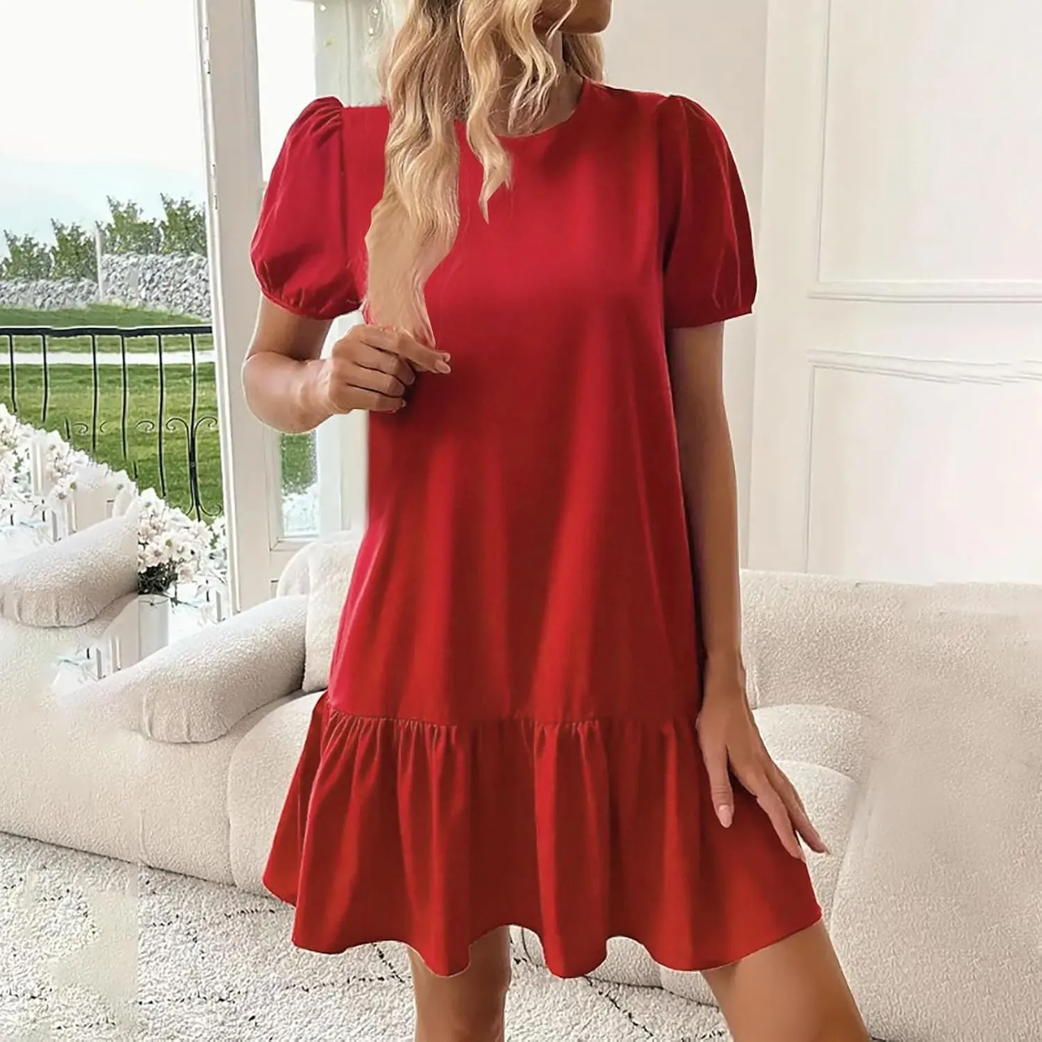 2025 Dress for Women Summer Short Puff Sleeve Casual Mini Dresses Elegant Round Neck Ruffle Hem A-Line Sundress