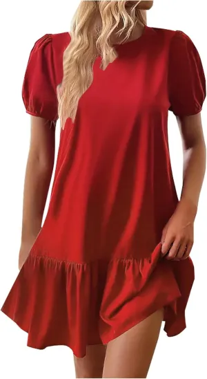2025 Dress for Women Summer Short Puff Sleeve Casual Mini Dresses Elegant Round Neck Ruffle Hem A-Line Sundress