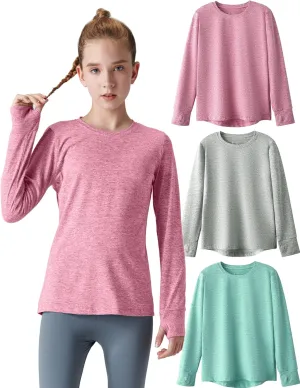 3 Pack Youth Girls Long Sleeve Shirts Active Dry Fit Athletic Performance Clothes Kids Teens Tees with Thumbholes