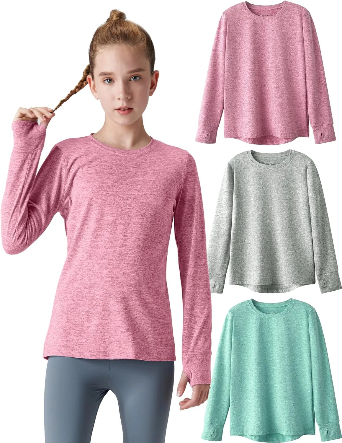 3 Pack Youth Girls Long Sleeve Shirts Active Dry Fit Athletic Performance Clothes Kids Teens Tees with Thumbholes