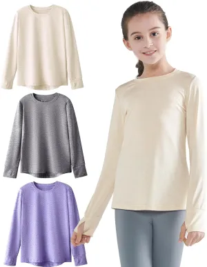 3 Pack Youth Girls Long Sleeve Shirts Active Dry Fit Athletic Performance Clothes Kids Teens Tees with Thumbholes