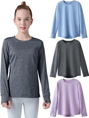 3 Pack Youth Girls Long Sleeve Shirts Active Dry Fit Athletic Performance Clothes Kids Teens Tees with Thumbholes