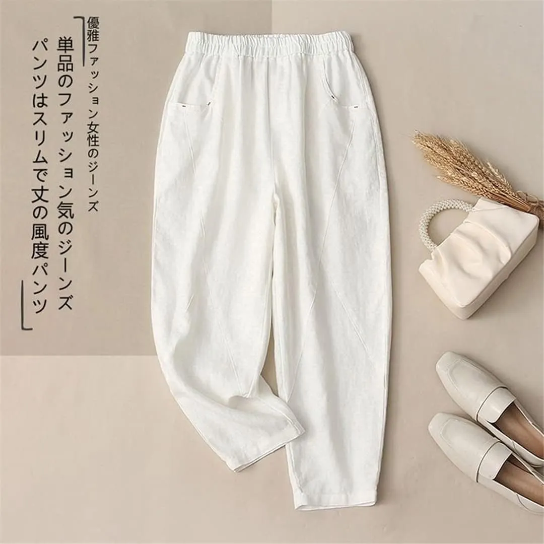 Adhdyuud Ladies Linen Elastic Waist Harem Pants Loose Casual Harajuku Bloomers