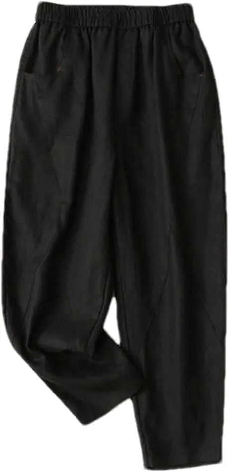 Adhdyuud Ladies Linen Elastic Waist Harem Pants Loose Casual Harajuku Bloomers
