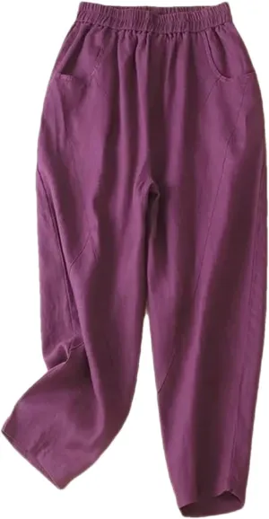 Adhdyuud Ladies Linen Elastic Waist Harem Pants Loose Casual Harajuku Bloomers