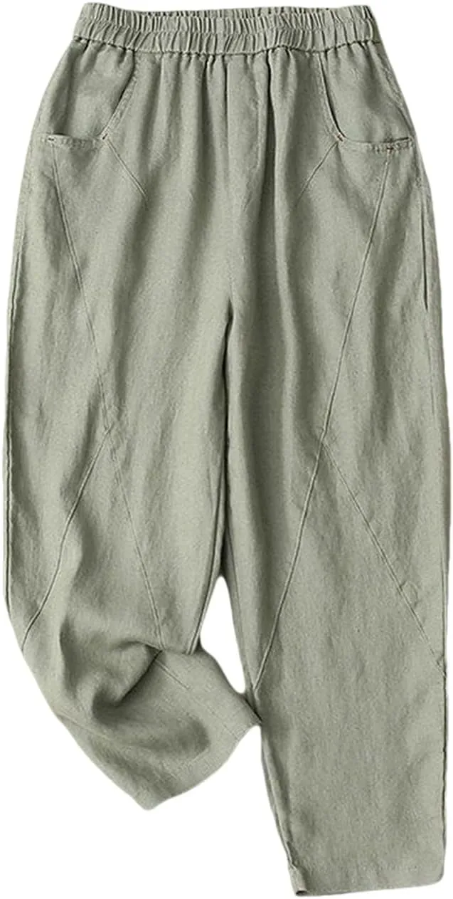 Adhdyuud Ladies Linen Elastic Waist Harem Pants Loose Casual Harajuku Bloomers