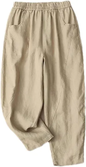Adhdyuud Ladies Linen Elastic Waist Harem Pants Loose Casual Harajuku Bloomers