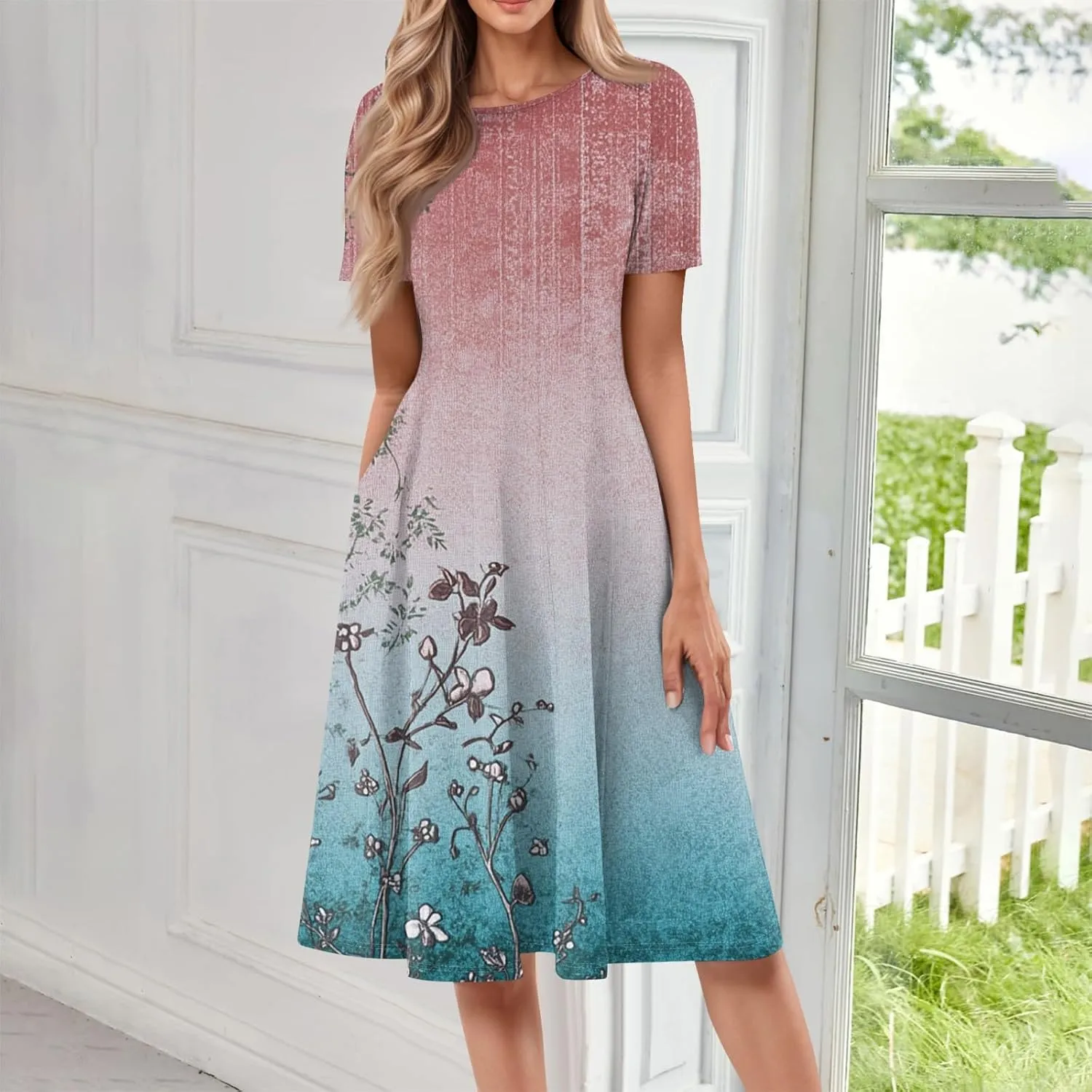 ADHOWBEW Plus Size Dresses for Women O Neck Trendy Cute Casual Loose Fit Hawaiian Short Sleeve Beach Dresses