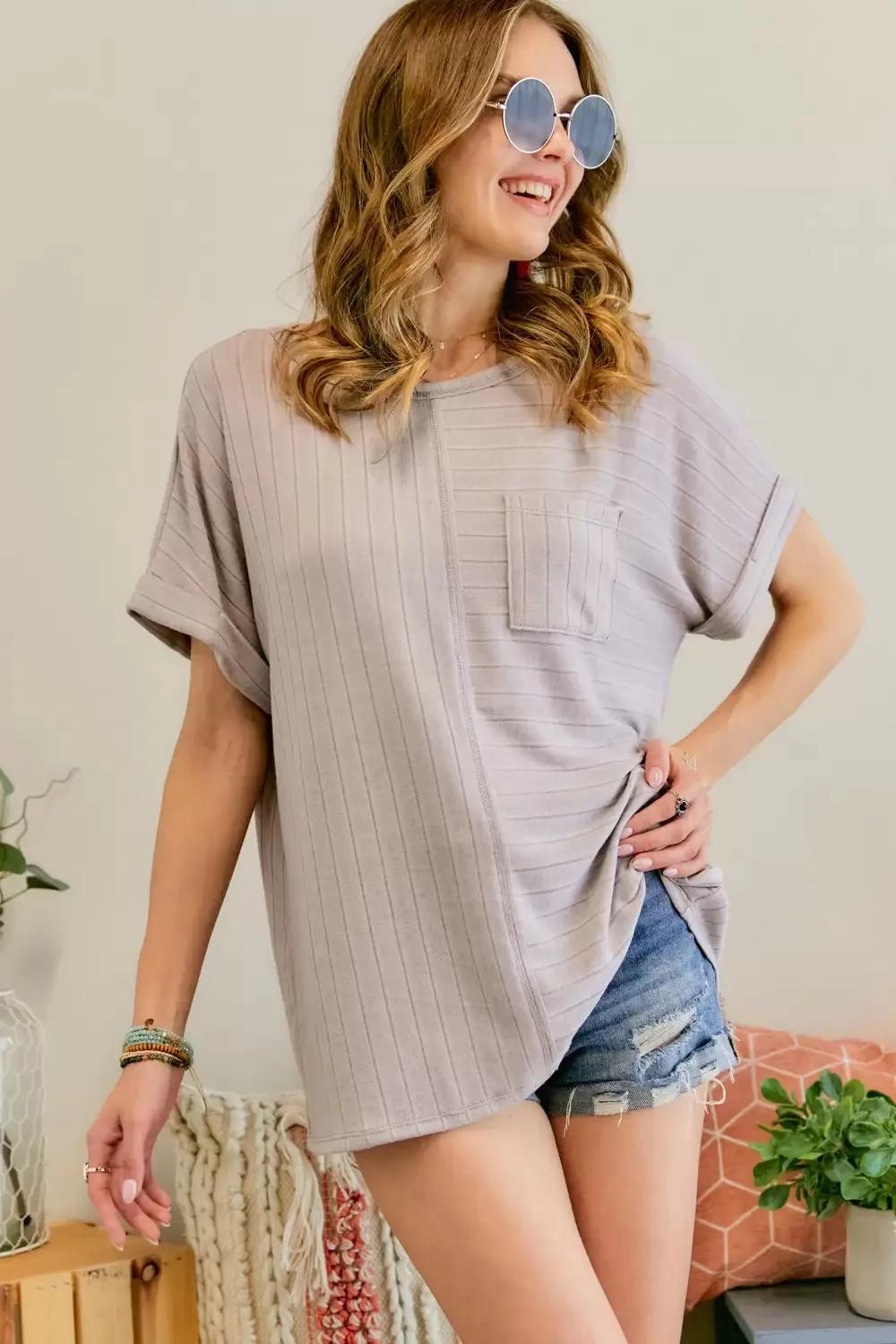 Adora Boat Neck Short Sleeve Loose Fit Top In Lavender Plus