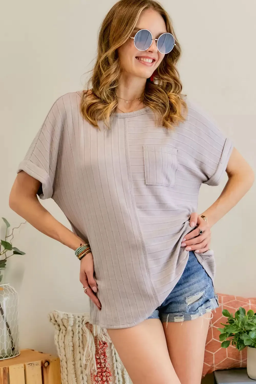 Adora Boat Neck Short Sleeve Loose Fit Top In Lavender Plus