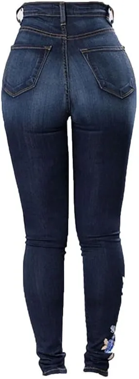 Andongnywell Womens Butt Lift Embroidery Denim Pants High Waist Embroidered Rose Skinny Jeans with Pocket Trousers