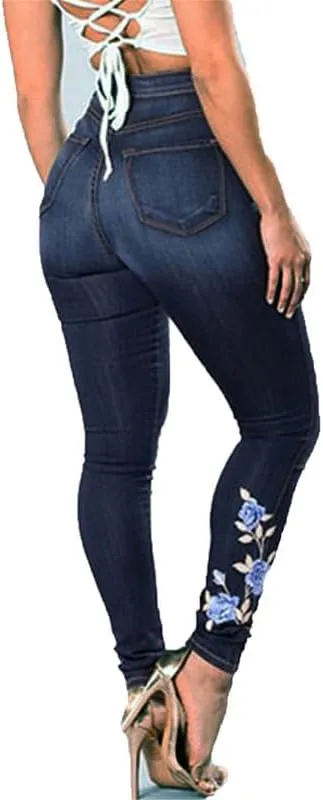 Andongnywell Womens Butt Lift Embroidery Denim Pants High Waist Embroidered Rose Skinny Jeans with Pocket Trousers