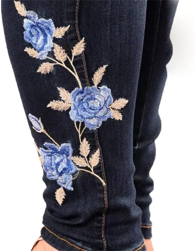 Andongnywell Womens Butt Lift Embroidery Denim Pants High Waist Embroidered Rose Skinny Jeans with Pocket Trousers