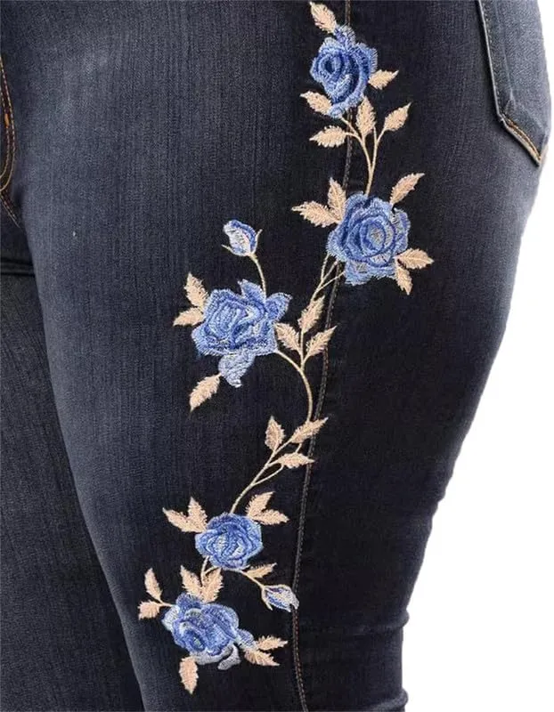 Andongnywell Womens Butt Lift Embroidery Denim Pants High Waist Embroidered Rose Skinny Jeans with Pocket Trousers