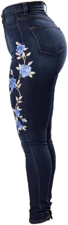 Andongnywell Womens Butt Lift Embroidery Denim Pants High Waist Embroidered Rose Skinny Jeans with Pocket Trousers