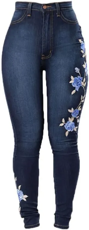 Andongnywell Womens Butt Lift Embroidery Denim Pants High Waist Embroidered Rose Skinny Jeans with Pocket Trousers