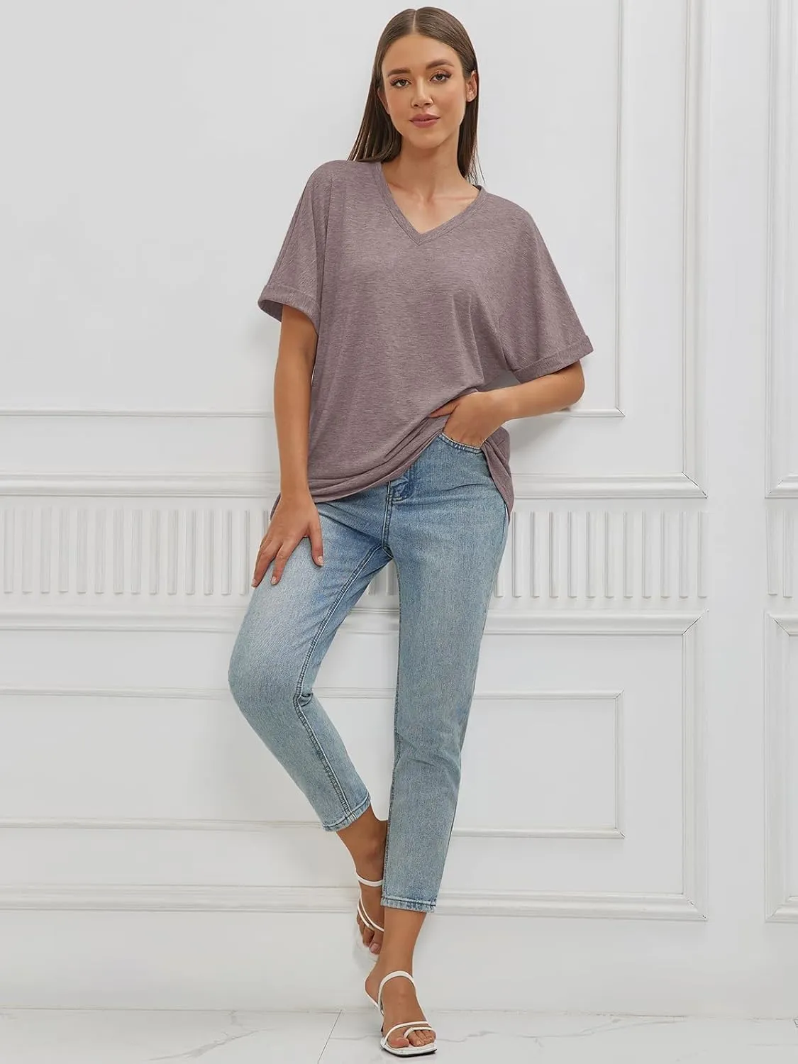 ATHMILE Womens Oversized T Shirts Loose Fit V Neck Short Sleeve Summer Casual Blouse 2025 Y2K Tee Tops