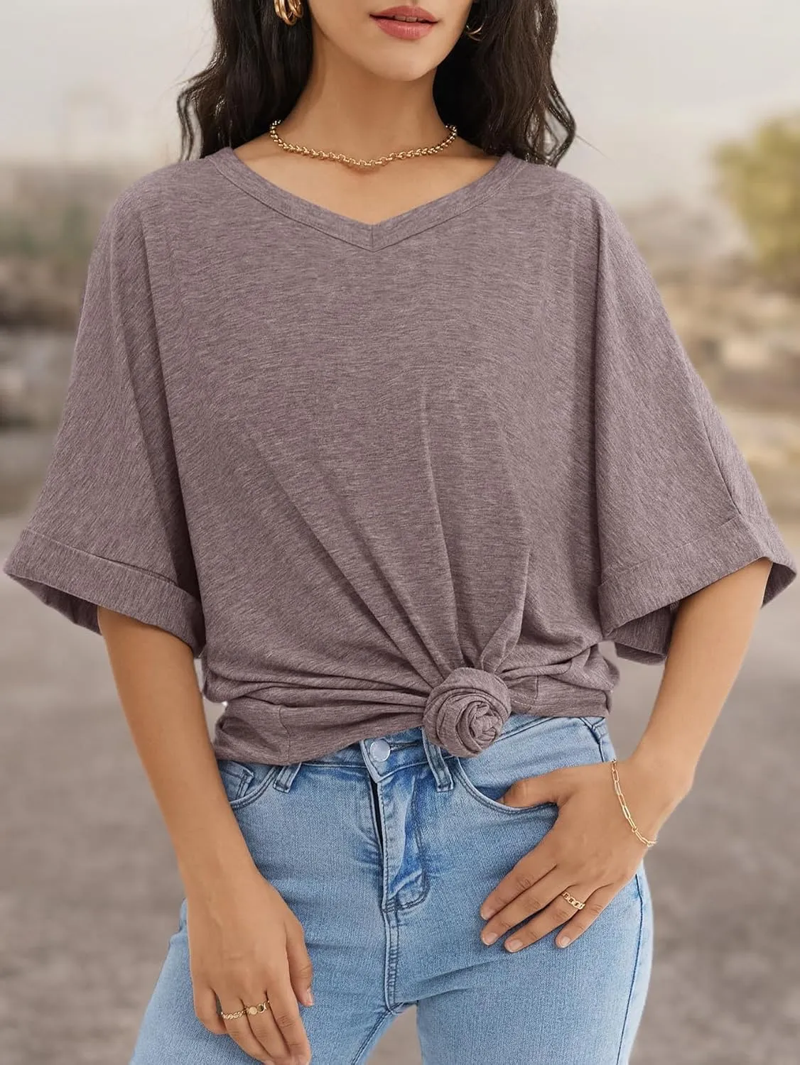 ATHMILE Womens Oversized T Shirts Loose Fit V Neck Short Sleeve Summer Casual Blouse 2025 Y2K Tee Tops