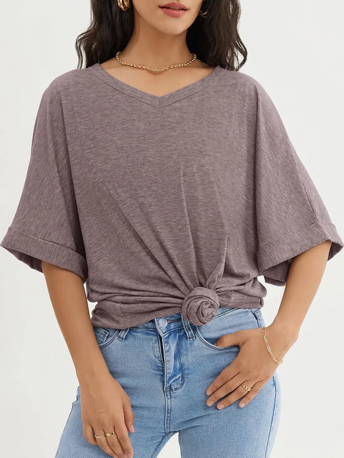 ATHMILE Womens Oversized T Shirts Loose Fit V Neck Short Sleeve Summer Casual Blouse 2025 Y2K Tee Tops