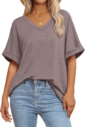 ATHMILE Womens Oversized T Shirts Loose Fit V Neck Short Sleeve Summer Casual Blouse 2025 Y2K Tee Tops