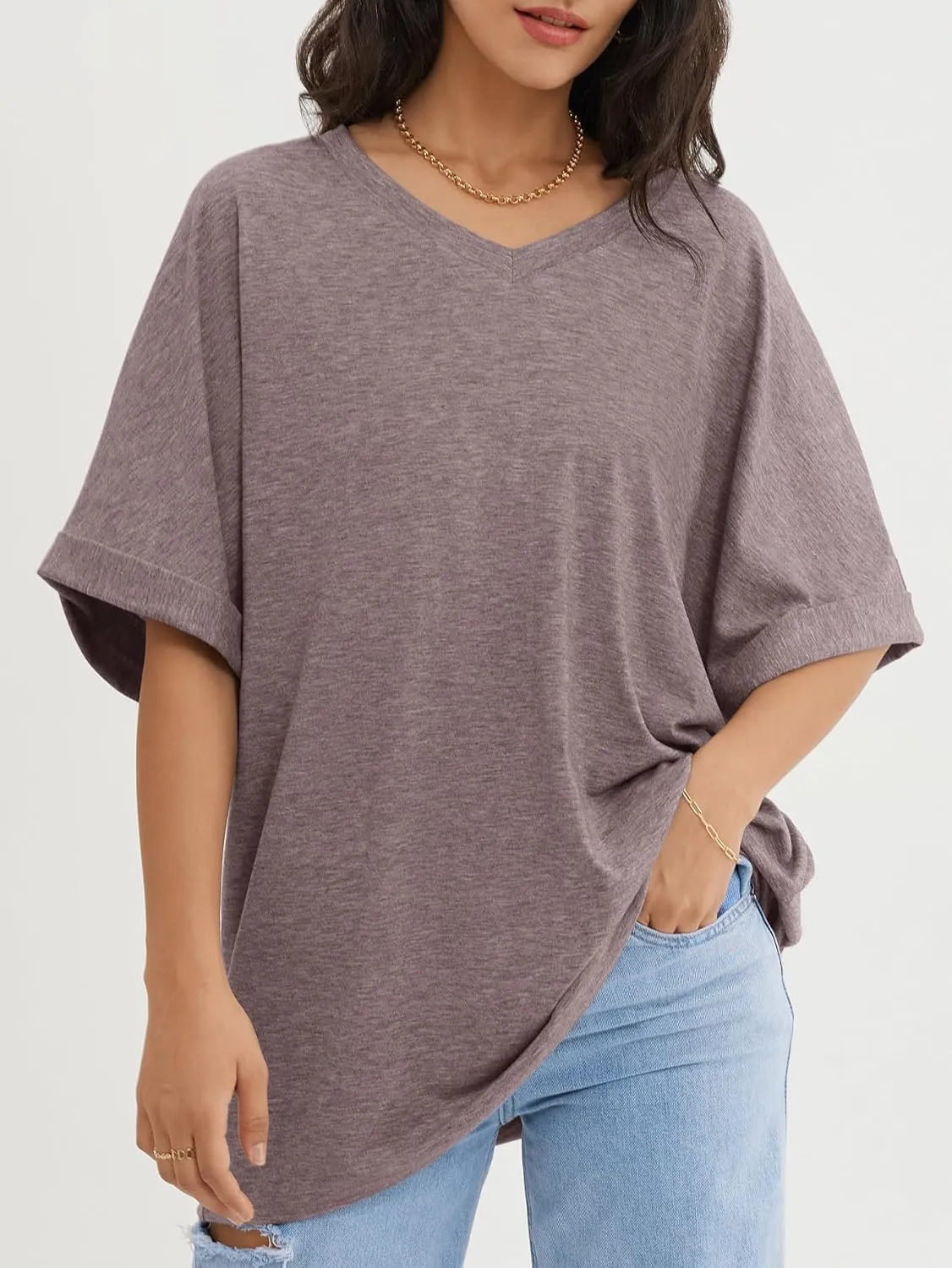 ATHMILE Womens Oversized T Shirts Loose Fit V Neck Short Sleeve Summer Casual Blouse 2025 Y2K Tee Tops