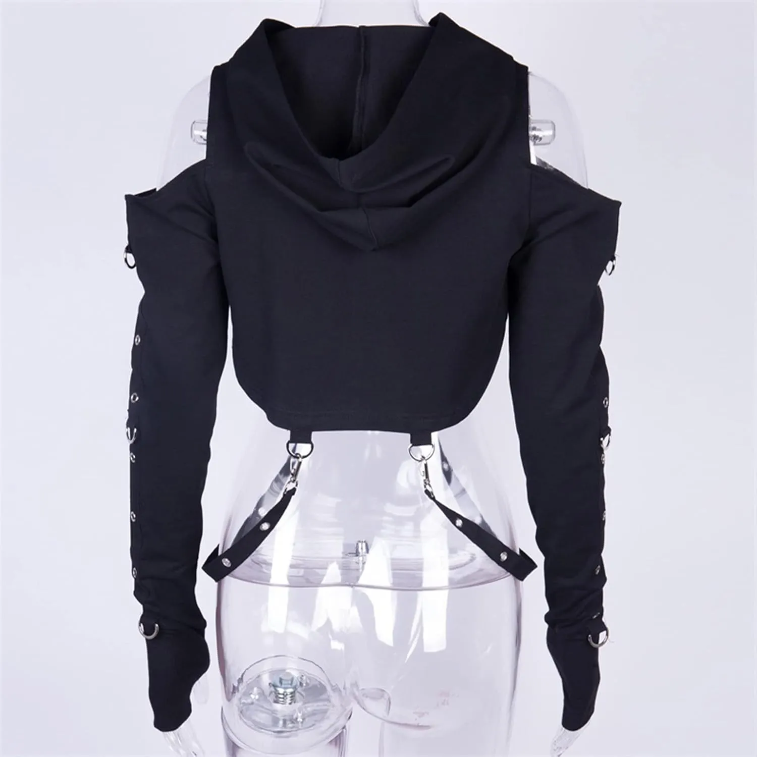 AULKEEP Gothic Punk Long Sleeve Cold Shoulder Hooded Crop Tops Buckle Strap Hoodie Sweatshirt
