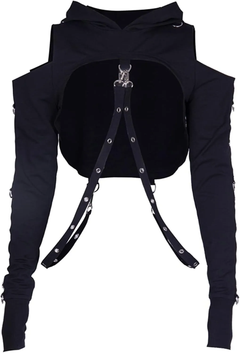 AULKEEP Gothic Punk Long Sleeve Cold Shoulder Hooded Crop Tops Buckle Strap Hoodie Sweatshirt