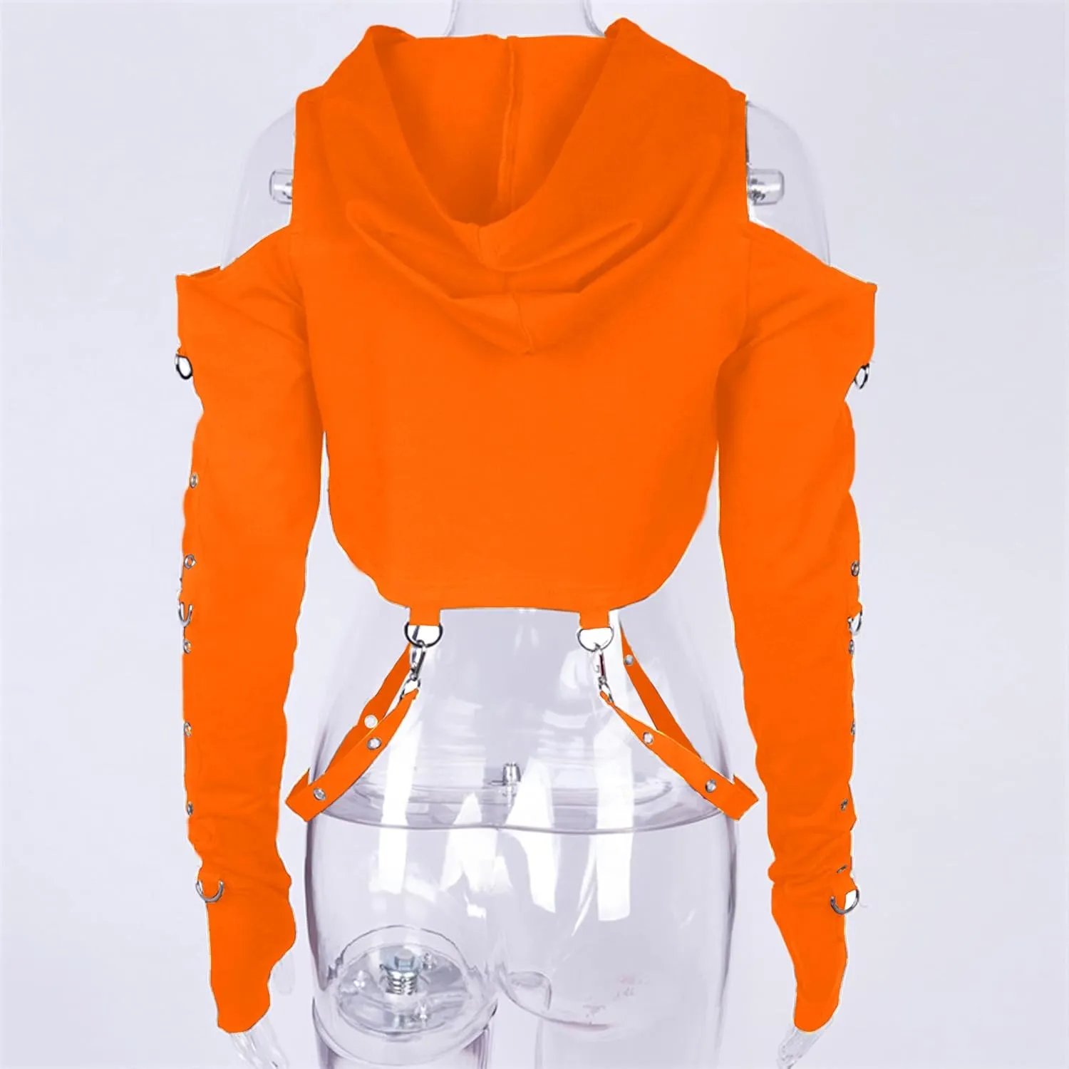 AULKEEP Gothic Punk Long Sleeve Cold Shoulder Hooded Crop Tops Buckle Strap Hoodie Sweatshirt