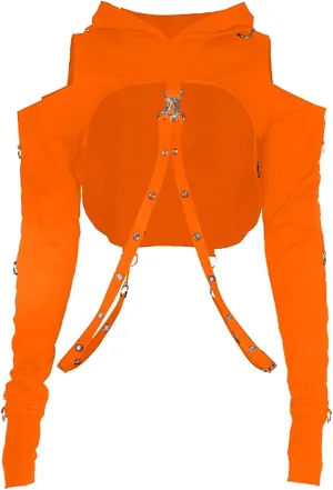 AULKEEP Gothic Punk Long Sleeve Cold Shoulder Hooded Crop Tops Buckle Strap Hoodie Sweatshirt