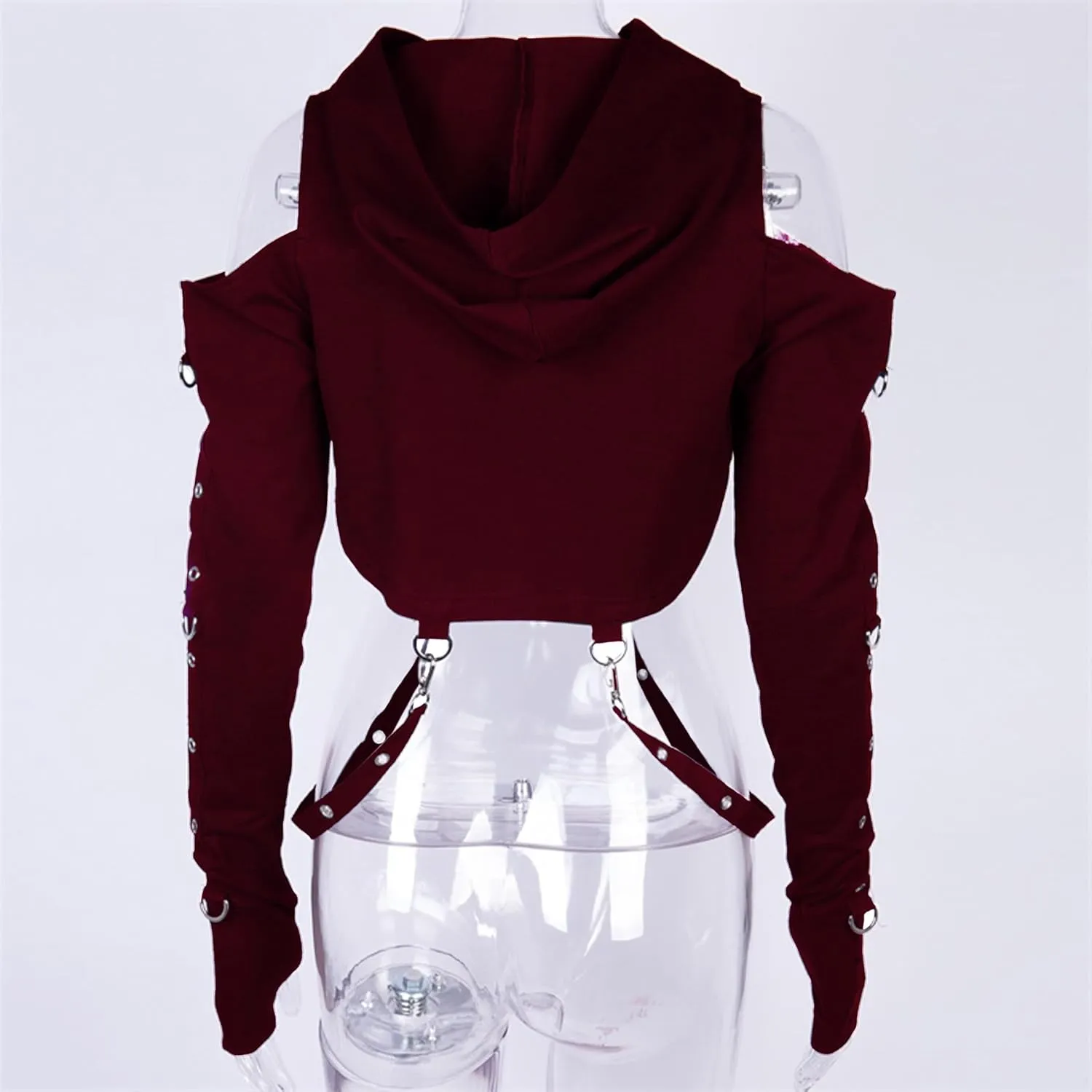 AULKEEP Gothic Punk Long Sleeve Cold Shoulder Hooded Crop Tops Buckle Strap Hoodie Sweatshirt