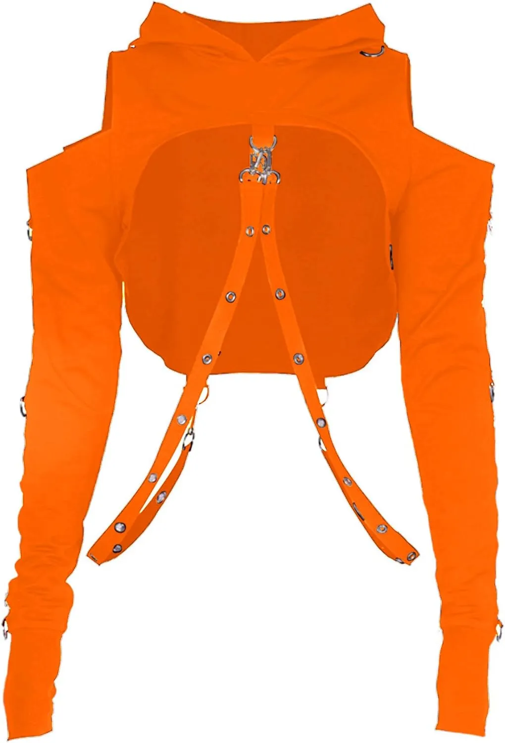 AULKEEP Gothic Punk Long Sleeve Cold Shoulder Hooded Crop Tops Buckle Strap Hoodie Sweatshirt