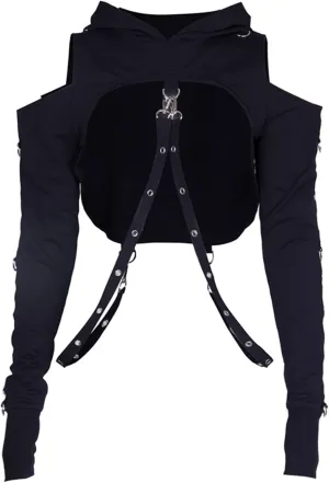 AULKEEP Gothic Punk Long Sleeve Cold Shoulder Hooded Crop Tops Buckle Strap Hoodie Sweatshirt