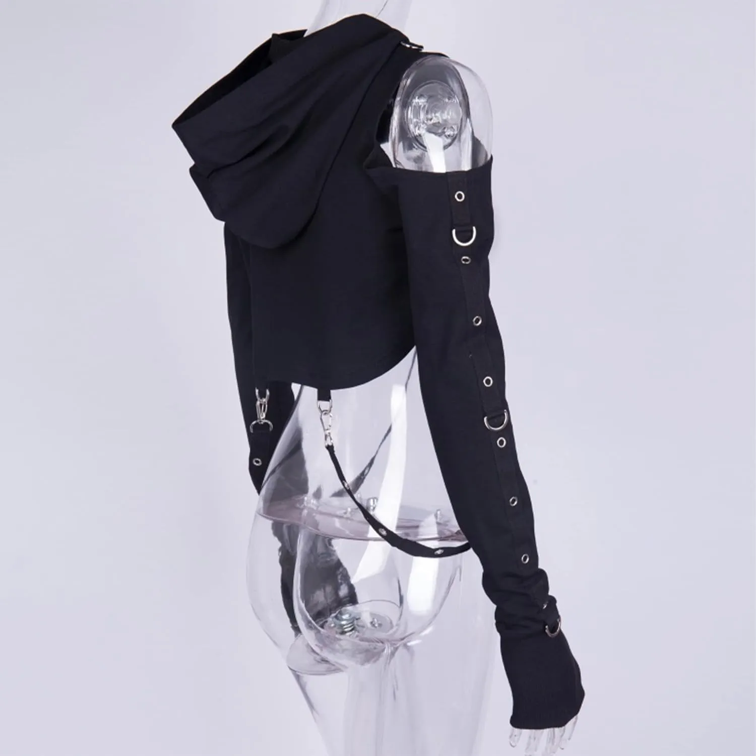 AULKEEP Gothic Punk Long Sleeve Cold Shoulder Hooded Crop Tops Buckle Strap Hoodie Sweatshirt