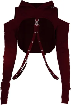 AULKEEP Gothic Punk Long Sleeve Cold Shoulder Hooded Crop Tops Buckle Strap Hoodie Sweatshirt