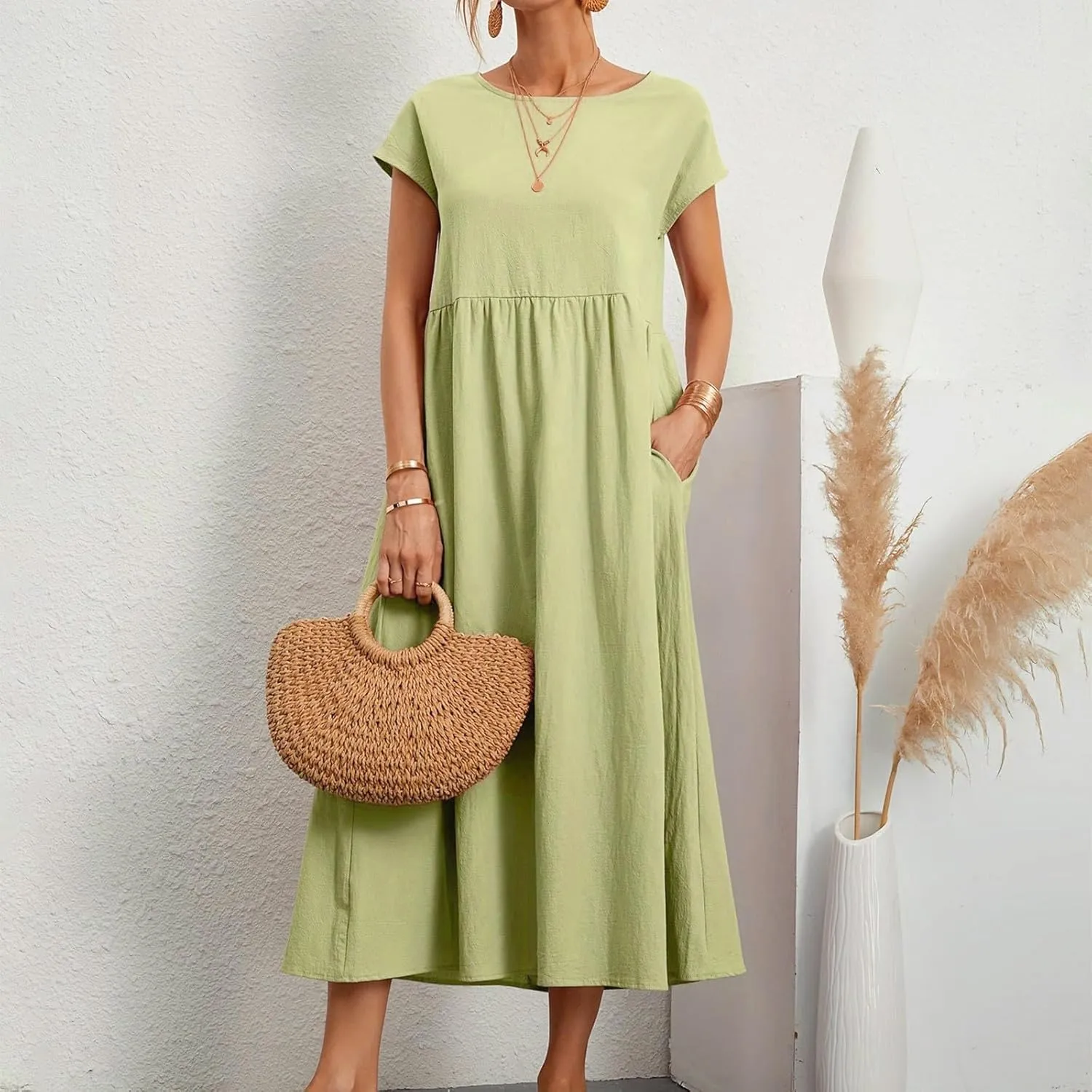 Baggy Linen Dresses for Women Summer Short Sleeve Crewneck A Line Dress Tunic Beach Swing Maxi Dresses with Pockets