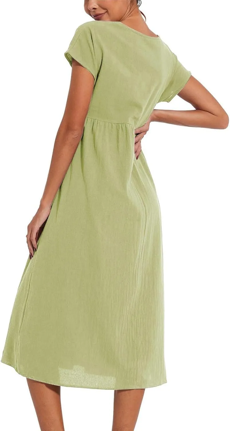 Baggy Linen Dresses for Women Summer Short Sleeve Crewneck A Line Dress Tunic Beach Swing Maxi Dresses with Pockets