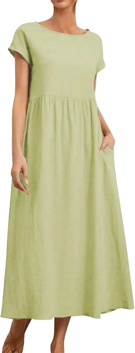 Baggy Linen Dresses for Women Summer Short Sleeve Crewneck A Line Dress Tunic Beach Swing Maxi Dresses with Pockets
