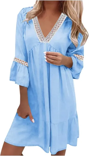 Beach Dresses for Women Summer Casual Bell Sleeve Boho Dress V Neck Lace Mini Dress Fashion Graphic Printed Midi Dress