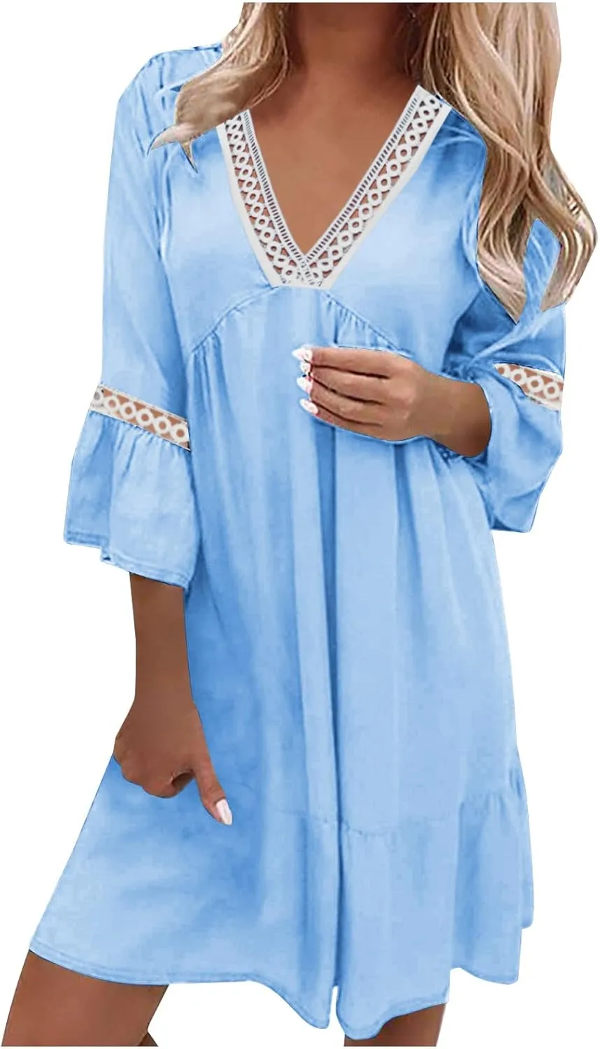 Beach Dresses for Women Summer Casual Bell Sleeve Boho Dress V Neck Lace Mini Dress Fashion Graphic Printed Midi Dress