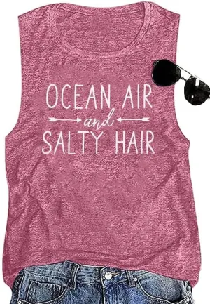 Beach Tank Tops for Women Ocean Air and Salty Hair Summer Tanks Beach Vacation Sleeveless Vest Shirts