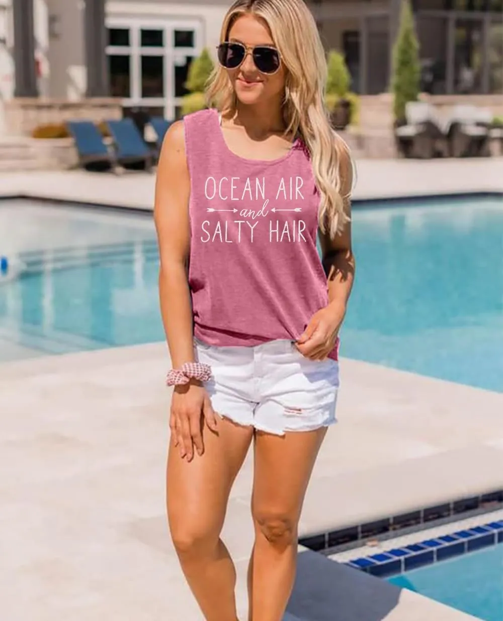 Beach Tank Tops for Women Ocean Air and Salty Hair Summer Tanks Beach Vacation Sleeveless Vest Shirts