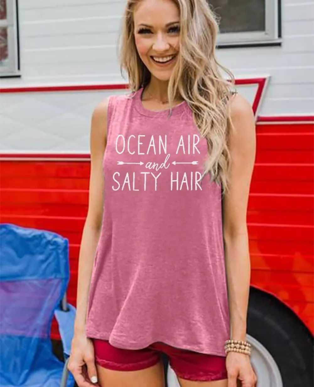 Beach Tank Tops for Women Ocean Air and Salty Hair Summer Tanks Beach Vacation Sleeveless Vest Shirts