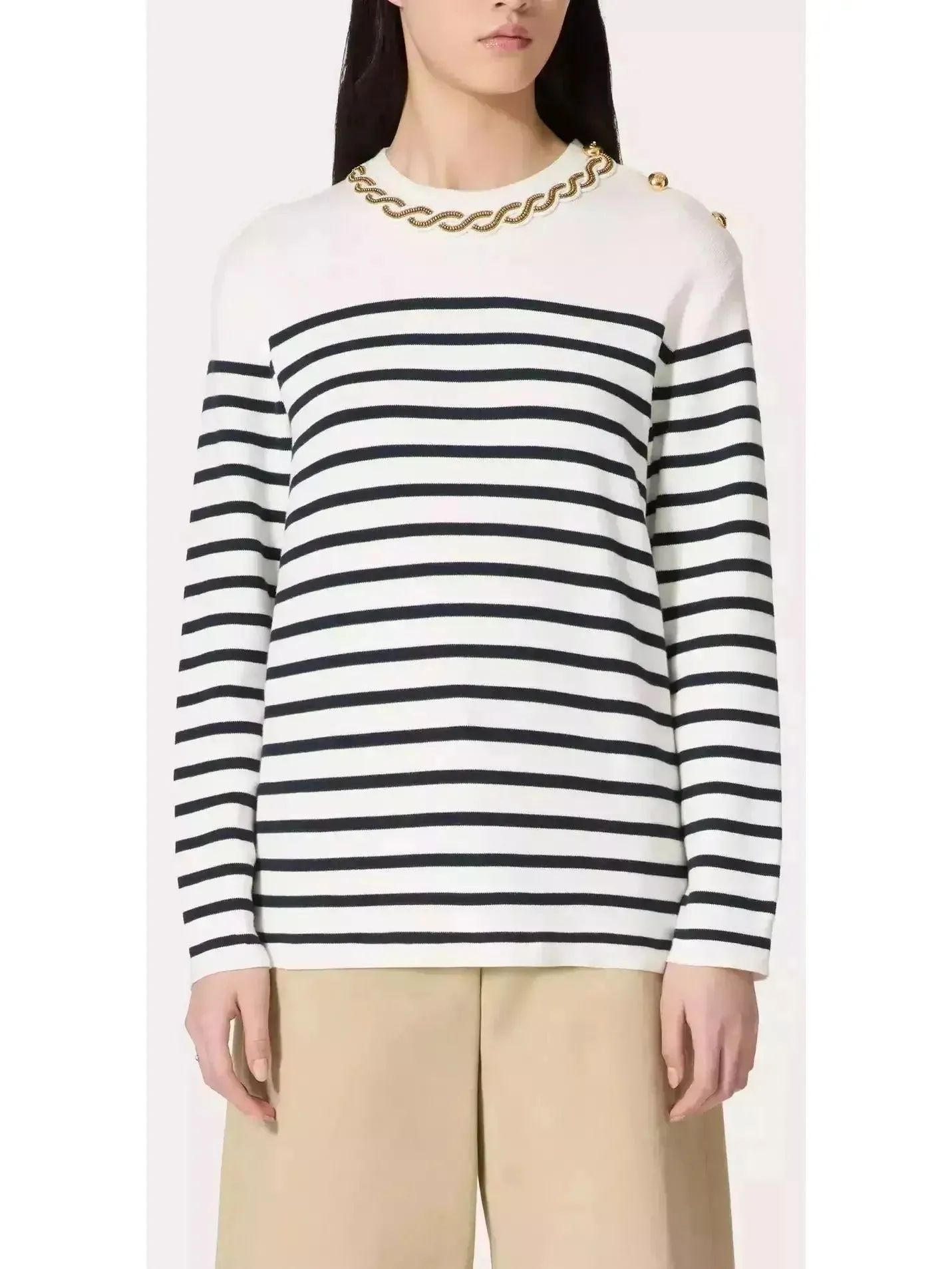 Bead Link Embroidered Collar Striped Knit Sweater