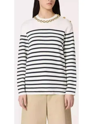 Bead Link Embroidered Collar Striped Knit Sweater